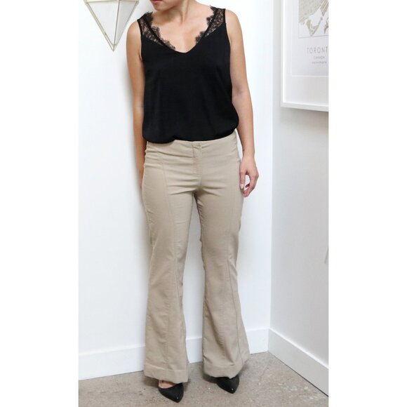 Y2K Khaki Flared Pants w/ Thigh Seam & Triangle Panel Detail, Office Siren - Picture 2 of 6